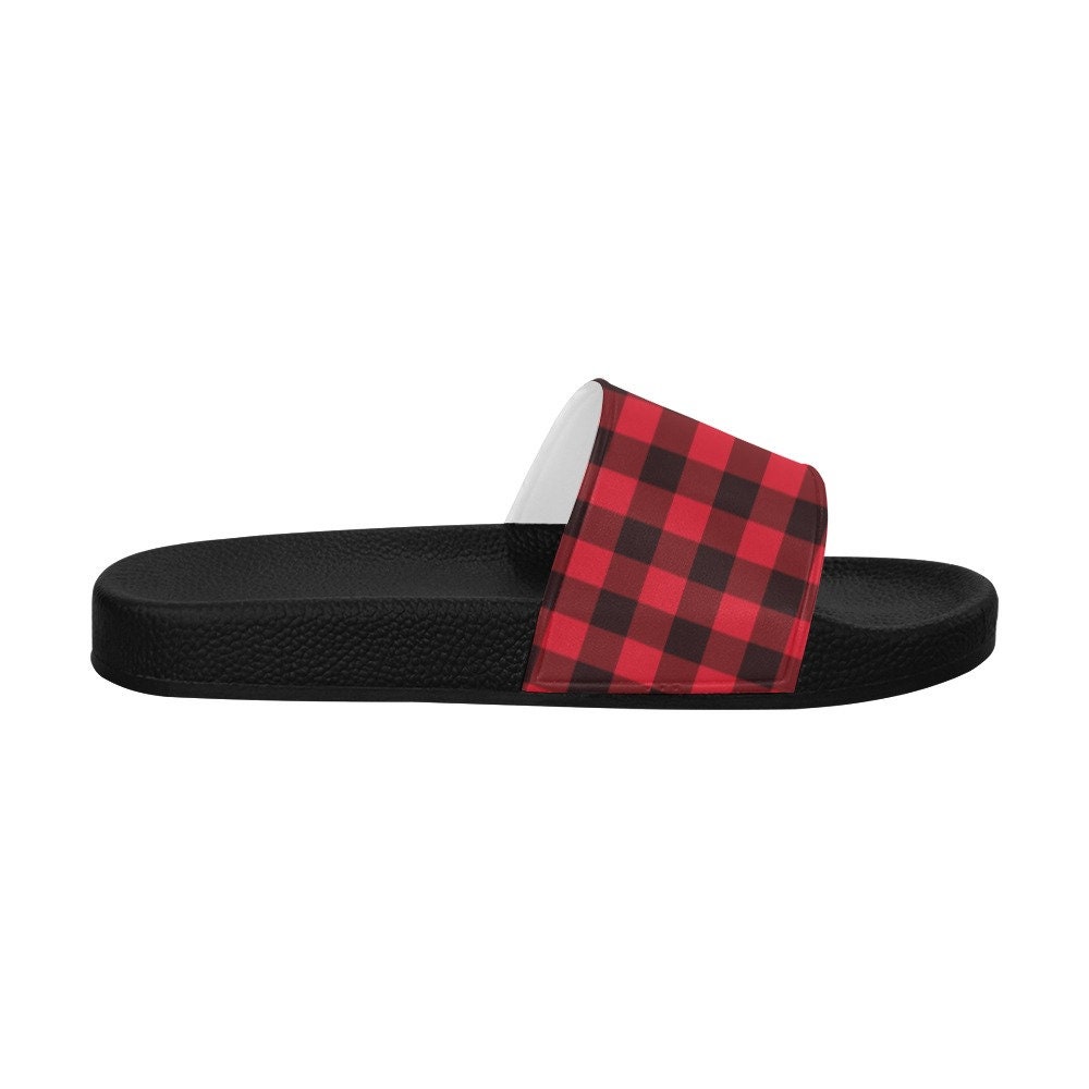 Buffalo Plaid Women Slide Sandals Red Black Tartan Check Shoe