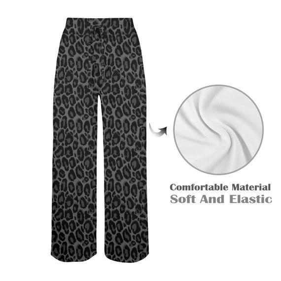 Black Grey Leopard Women Wide Leg Pants Pockets, Cheetah Animal