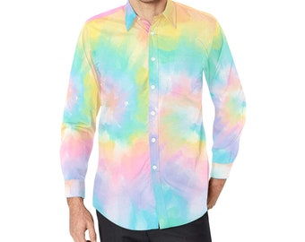 Camisa abotonada de manga larga con efecto teñido anudado en colores pastel para hombre, camisa de vestir informal con cuello abotonado y estampado en espiral arcoíris con bolsillo en el pecho