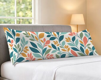 Botanical Leaf Body Pillow Case,  Flowers Nature Coral Sage Green Ivory Long Large Bed Accent Pillowcase Print Throw Decorative Cover
