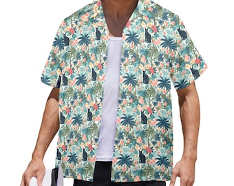 Black Cat Hawaiian Men Shirt, Palm Trees Hibiscus Floral Beach Print Vintage Aloha Hawaii Retro Tropical Plus Size Pocket Guys Button Down