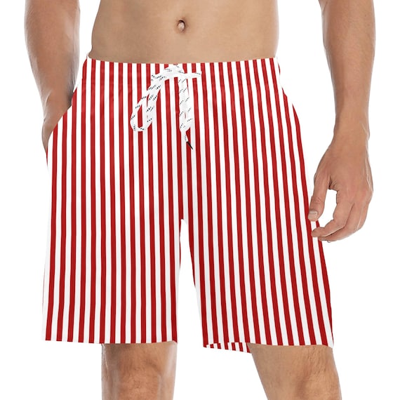 Red White Striped Men Swim Trunks Mid Length Shorts Beach Pockets Mesh Lining Drawstring Boys Casual Bathing Suit Plus Size Swimwear Etsy