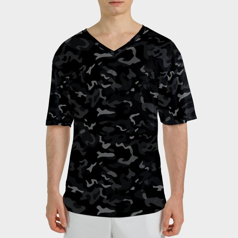 Black Camo V Neck Tshirt, Grey Camouflage Designer Graphic