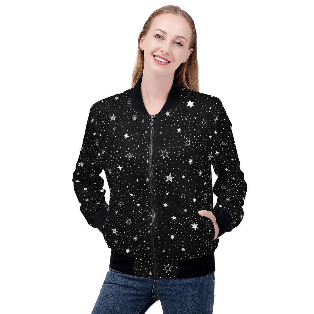Zodiac Constellation Pattern Print Women Casual Bomber Jacket