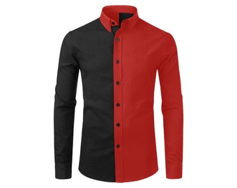 Camicia da uomo abbottonata meta nera e meta rossa camicia elegante con colletto e bottoni divisa in blocchi di colore a maniche lunghe con stampa bicolore e tasca sul petto Etsy Italia