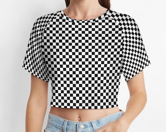 Checkered Crop Top Tshirt, Black White Check Belly Tee Women Adult Cute Aesthetic Graphic Crewneck Sexy Festival Y2K Ladies Cropped Shirt