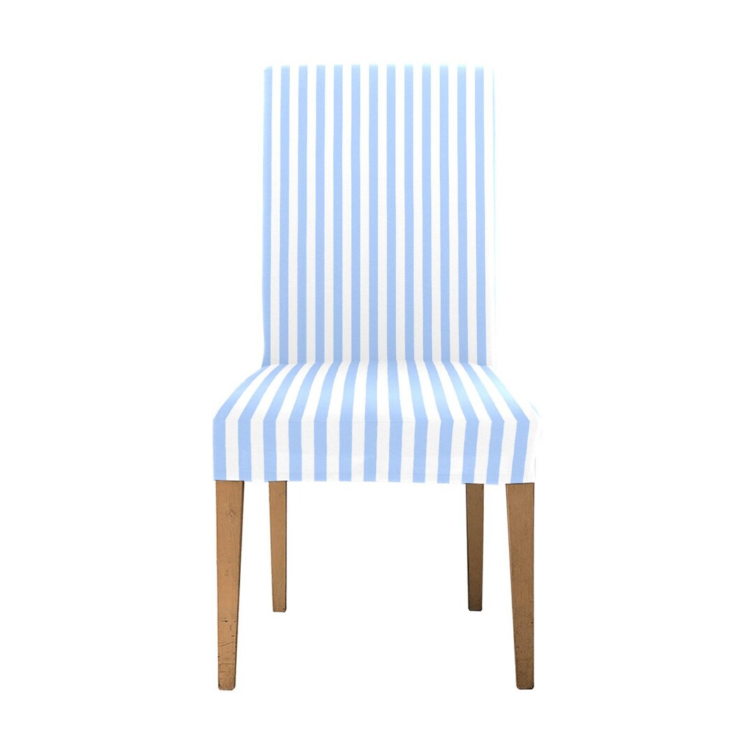 Light Blue Striped Dining Chair Seat Covers, White Stretch Slipcover