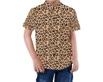 Overhemd met knopen voor jongens met luipaardprint, kinderjurk met jachtluipaardprint, overhemd met kraag, knopen en borstzak met korte mouwen