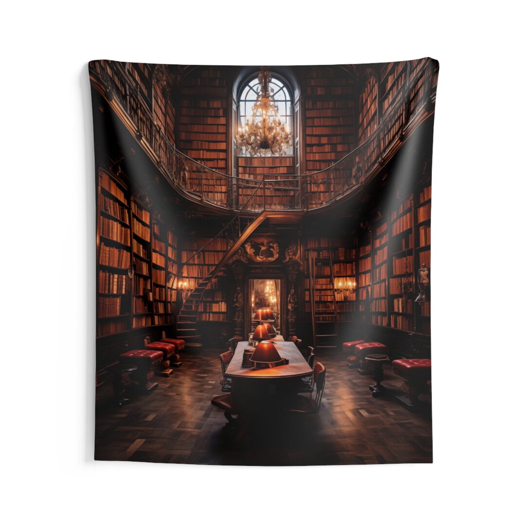 Retro Library Tapestry, Vintage Reading Books Wall Art Hanging Cool