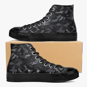 Black Camo High Top Shoes, Camouflage Grey Lace Up Sneakers Footwear Rave Canvas Streetwear Designer Men Women
