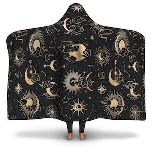 Moon Sun Sherpa Hooded Blanket, Stars Constellation Celestial Festival Fleece Microfleece Adult Youth Men Woman Wearable Cloak Winter Gift