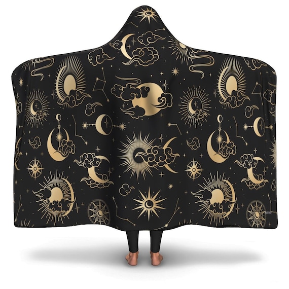 Moon Sun Sherpa Hooded Blanket, Stars Constellation Celestial Festival Fleece Microfleece Adult Youth Men Woman Wearable Cloak Winter Gift