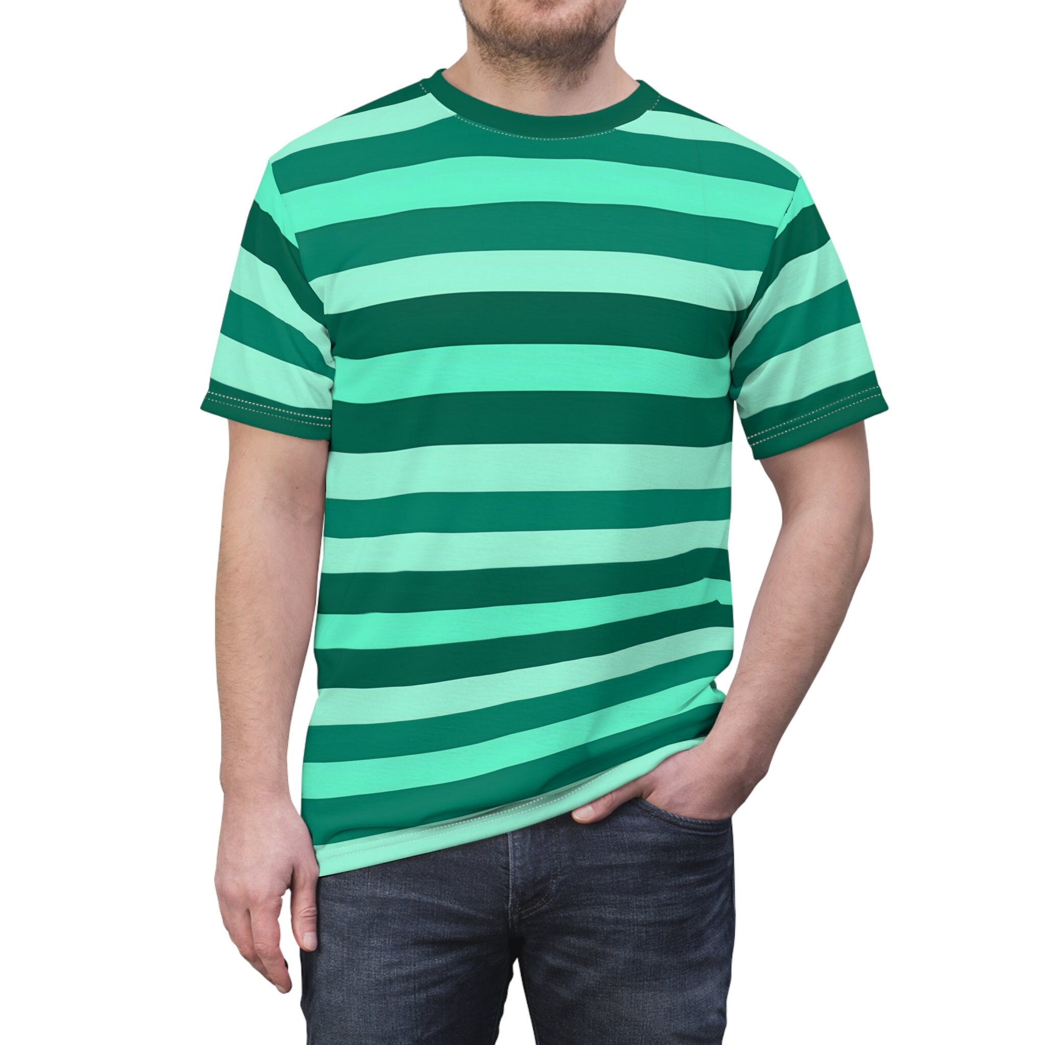 Green on Green Striped Men T Shirt, Bold Horizontal Stripes Green on Green Striped Men T Shirt, Bold Horizontal Stripes