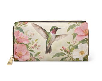 Hummingbird Leather Wallet Women, Floral Flowers Bird Vegan Zipper Zip Around Coins Credit Cards Pocket Cash Ladies Female Pouch Slim Purse
