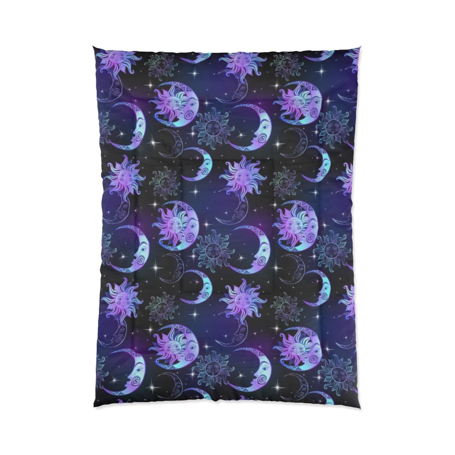 Sun Moon Stars Bed Comforter, Purple Night Time, Crescent Moon Celestial Art Astrology Night Sky