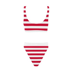 Colorblock Rib Sporty High-Waist Bikini Set - Red&White&Blue