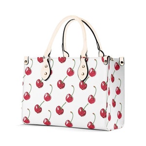 Porte-monnaie cerise, sac à bandoulière blanc rouge fruit en cuir végétalien avec poignée sur le dessus sac à main imprimé petit sac femme dames designer petit grand