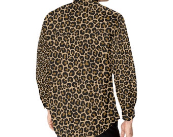 Men's Brown Leopard Print Button-Down Shirt – Long Sleeve, Graphic Print, Party & Casual Wear