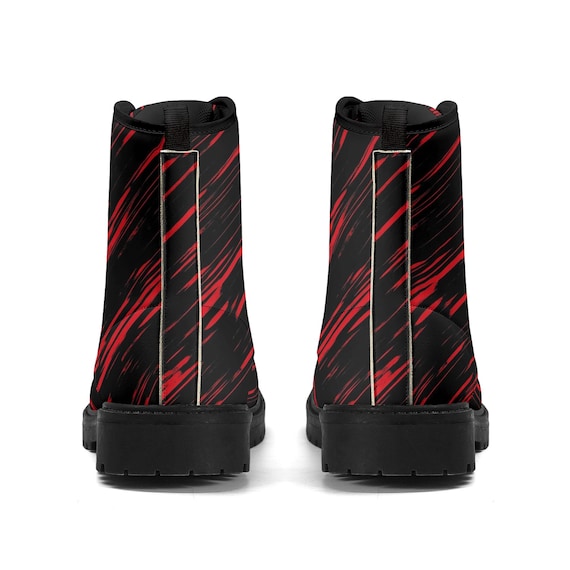 Red Black Men Leather Boots, Stipes Vegan Lace up Shoes  display picture 1