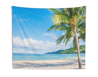 Tropical Beach Tapestry, Ocean Island Palm Tree Sun Calm Landscape Indoor Wall Art Hanging Small Large Cool Decor Home Dorm Room Gift
