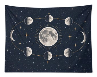 May include: A rectangular wall tapestry featuring a dark navy blue background filled with white stars. A large central full moon is surrounded by an elliptical orbit containing eight lunar phases and gold-colored four-pointed stars.