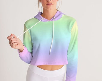 Pastel Rainbow Ombre Pink Mujeres Sudadera con capucha recortada, Degradado Tie Dye Señoras Estética Gráfico Sudadera con capucha Crop Jumper Top