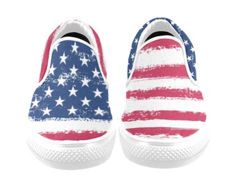 American Flag Women Shoes, Patriotic Red White Blue Mismatched Sneakers Stars and Stripes USA 4th of July Slip on Canvas Vegan Casual shoes