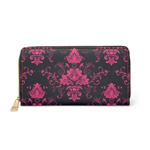 Carteira de couro preta rosa feminina, batik geometria vegan zíper zip em torno de moedas cartões de crédito bolso dinheiro senhoras bolsa de embreagem fina