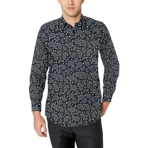 Paisley Men Button Up Shirt, Black White Bandana Long Sleeve Pattern Print Dress Buttoned Collar Casual Collared Shirt Plus Size Guys