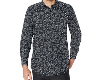 Paisley Men Button Up Shirt, Black White Bandana Long Sleeve Pattern Print Dress Buttoned Collar Casual Collared Shirt Plus Size Guys