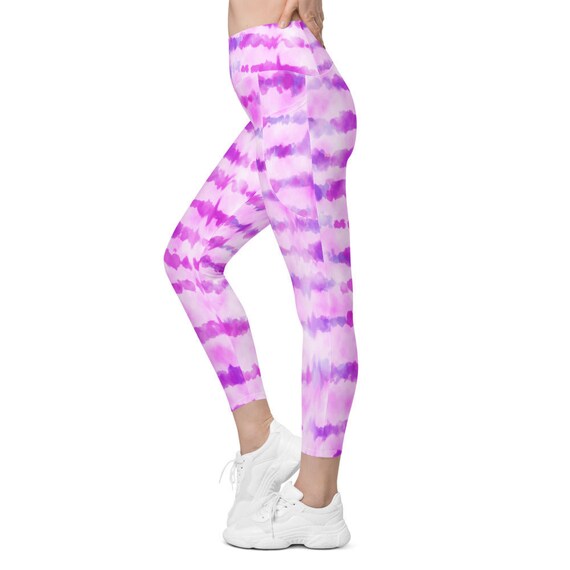 Rainbow Tie Dye Blue Women Leggings Side Pockets, Pastel Printed Yoga Pants  Graphic Workout Running Gym Des…