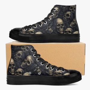 Skulls Men High Top Shoes, Skeleton Horror Halloween Gothic Lace Up Sneakers Footwear Rave Canvas Streetwear Black Designer