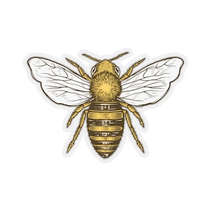 Puede incluir: Una ilustración detallada de una abeja con las alas extendidas, dibujada en tonos marrones y amarillos.