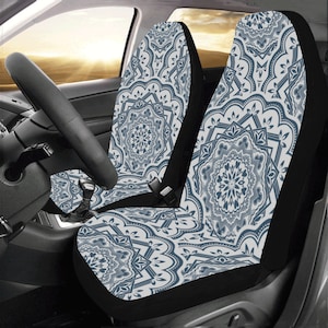 Blue Damask Mandala Boho Car Seat Covers 2 pc, Tribal Pattern Bohemian Oriental Art Front Seat Covers, Car SUV Protector Accessory Decor