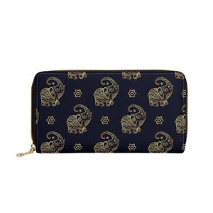 Portafoglio in pelle di elefante da donna, nero oro animale vegano con cerniera intorno alle monete carte di credito tasca contanti da donna sottile pochette