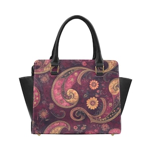 Burgund Paisley Geldbörse Handtasche, Kastanienbraun Blumen Niedlich Vegan Leder Designer Frauen Damen Geschenk Tote Top Zip Griff Tasche Schultergurt