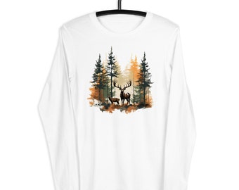 Pine Trees Deer Long Sleeve Tshirt, Forest Fall Autumn Unisex Men Women Designer Graphic Aesthetic Printed Crew Neck Tee