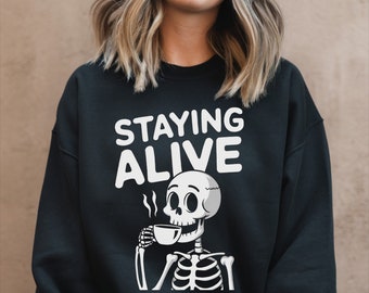 Kaffee Sweatshirt, Skelett Halloween Lustige Grafik Rundhalsausschnitt Fleece Baumwolle Pullover Pullover Männer Frauen Erwachsene Top bleiben