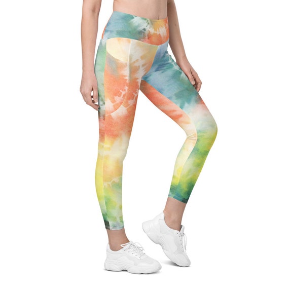 Orange Blue Tie Dye Women Leggings Side Pockets, Printed Yoga Pants Graphic  Workout Running Gym Designer Plus Size Tights 