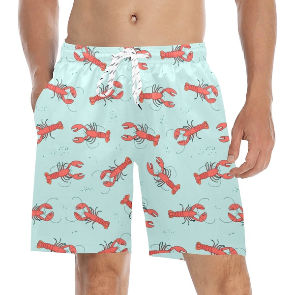 Red Lobster Men Swim Trunks, Mid Length Shorts Beach Front and Back Pockets Mesh Linen Drawstring Boys Casual Bathing Suit Summer Plus Size