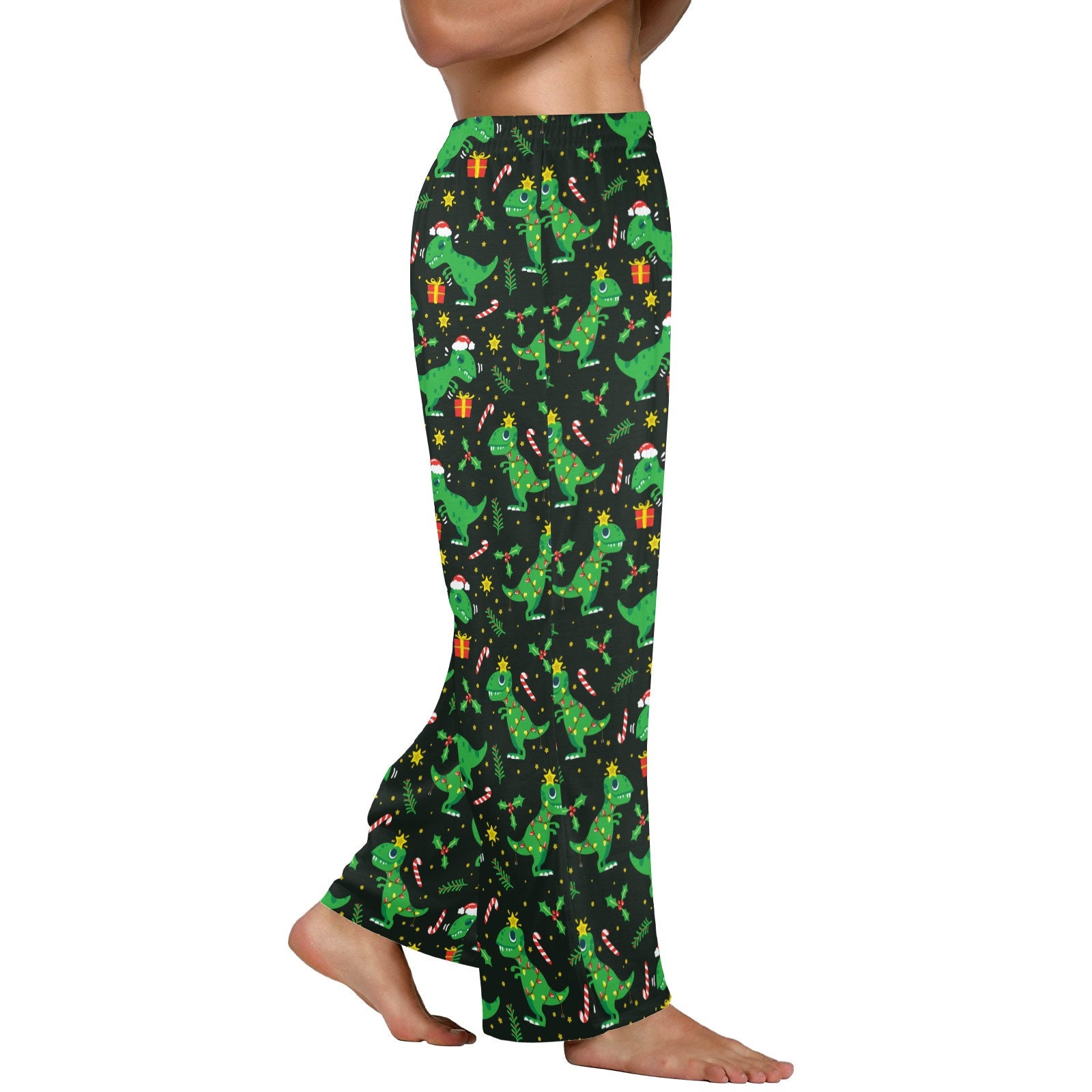 Dino Santa Hat Men Pajamas Pants Green Dinosaur Christmas Xmas Satin PJ Pockets Sleep Lounge Trousers Couples Matching Trousers Bottoms