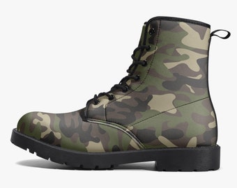 Camouflage Vegan Leather Combat Boots, Green Army Camo Lace  display picture 1