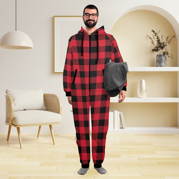 Red Buffalo Plaid One Piece Men Pajama Black Checkered Christmas Xmas Adult Bodysuit Women Ladies Flannel Long Sleeve Hooded PJ Romper