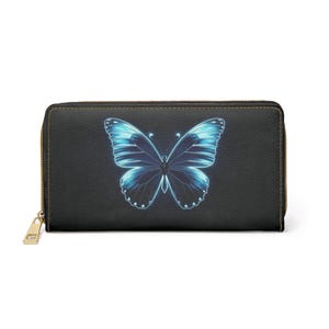 Portafoglio in pelle a farfalla blu da donna, Monarch Vegan con cerniera, con cerniera, per carte di credito, contanti, da donna, sottile, pochette