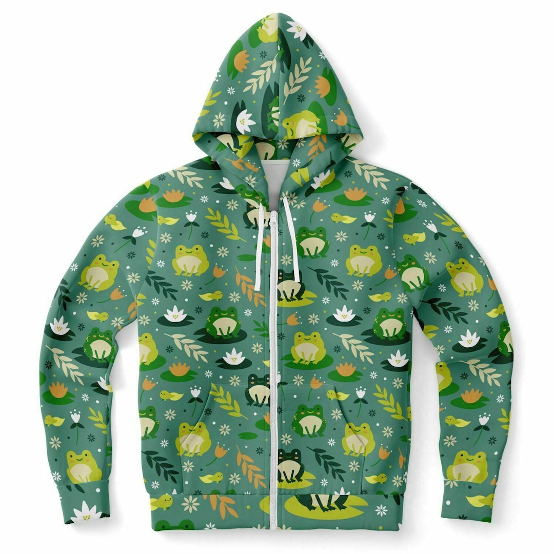 Frog Zip up Hoodie, Green Animal Front Zipper Pocket Men Women Unisex