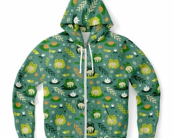 Frog Zip Up Hoodie, Green Animal Front Zipper Pocket Men Women Unisex Adult Aesthetic Graphic Cotton Fleece Hooded Sweatshirt