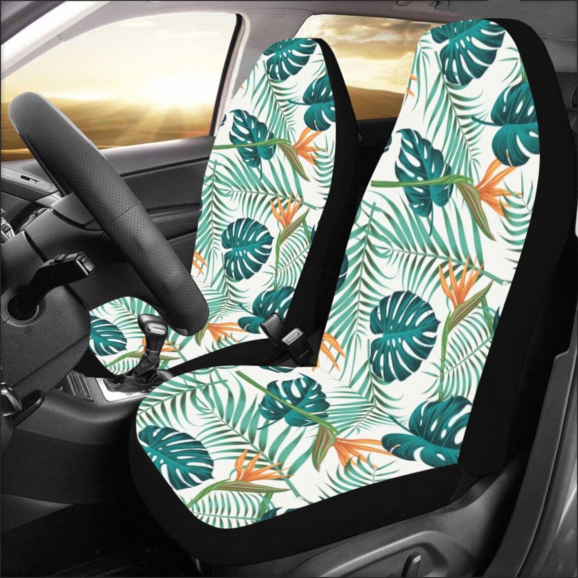 Tropical Car Seat Covers 2 Pc Floral Pretty Leaves Green Etsy UK
