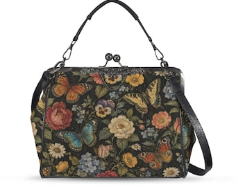 Monarch Butterfly Flowers Kiss Lock Purse Handbag, Floral Retro Print Vegan Leather Vintage Designer Shoulder Crossbody Top Handle Clasp Bag