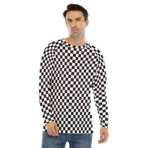 Checkered Men Long Sleeve Tshirt, Raglan black White Racing Check Unisex Guys Women Designer Graphic Printed Crew Neck Tee Shirt Top