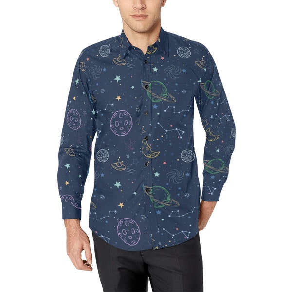 Planets Long Sleeve Men Button Up Shirt, Space Stars Constellations Universe Cosmos Print Buttoned Collar Dress Shirt with Chest Pocket